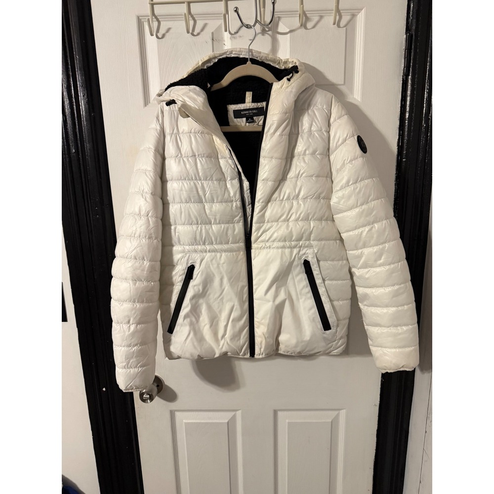 Kenneth Cole New York White Puffer Jacket Faux Shearling Lined Hooded Mens Med